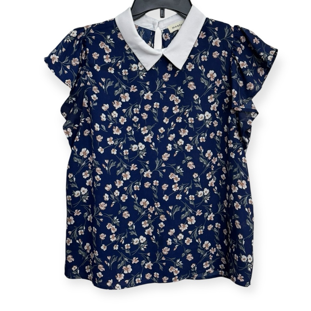 Monteau Navy Floral Blouse with White Collar
